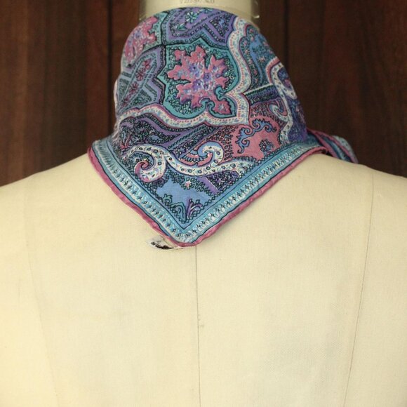 Vintage Vera Scarf, Blue and Purple and Pink Silk and Rayon, Square Designer - Picture 9 of 10